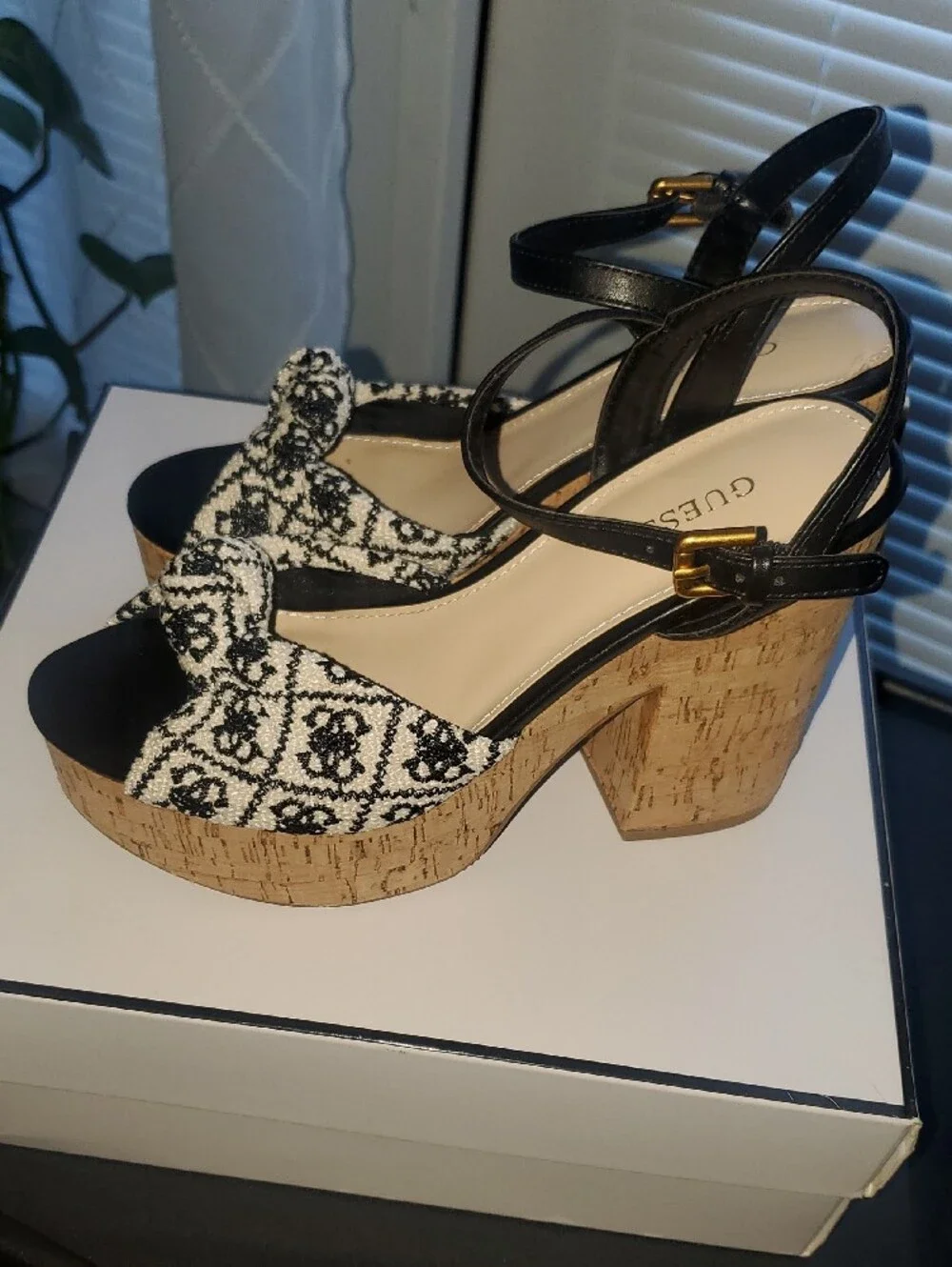 GUESS Black and Ivory Patterned Cork Platform Wedge Sandals